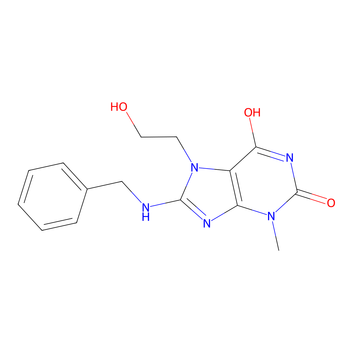 8-(Benzylamino)-7-(2-hydroxyethyl)-3-methyl-3,7-dihydro-1H-purine-2,6-dione molecular structure, CAS 115294-87-6