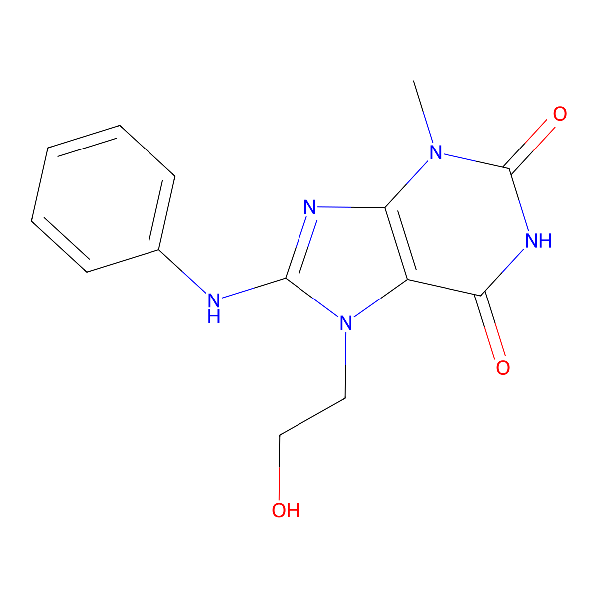 8-Anilino-7-(2-hydroxyethyl)-3-methyl-3,7-dihydro-1H-purine-2,6-dione molecular structure, CAS 115294-88-7
