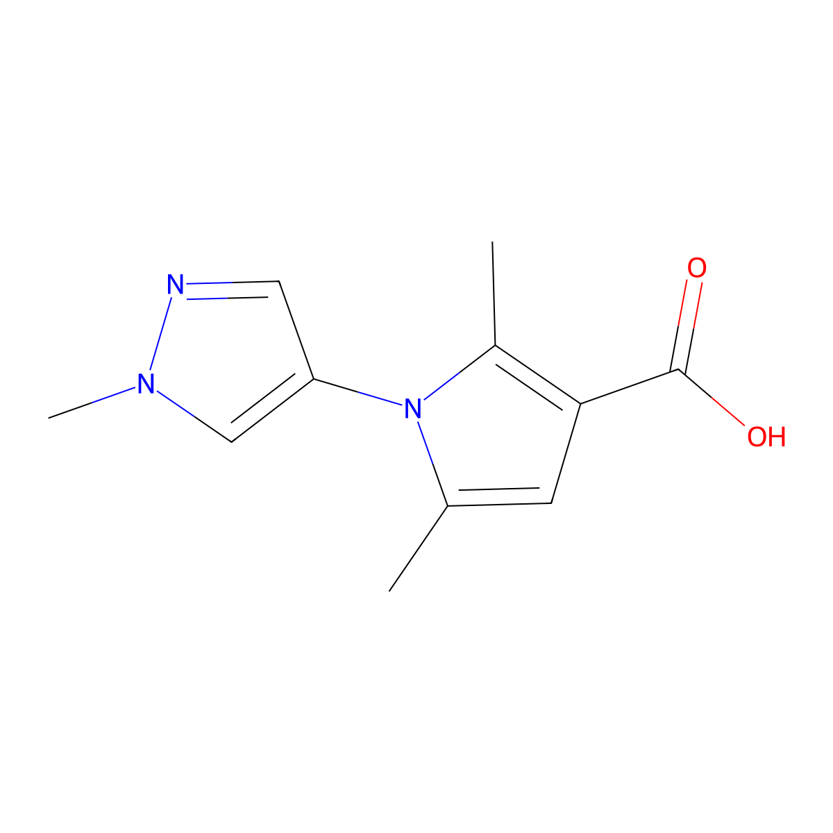 2,5-dimethyl-1-(1-methyl-1H-pyrazol-4-yl)-1H-pyrrole-3-carboxylic acid molecular structure, CAS 1153407-23-8