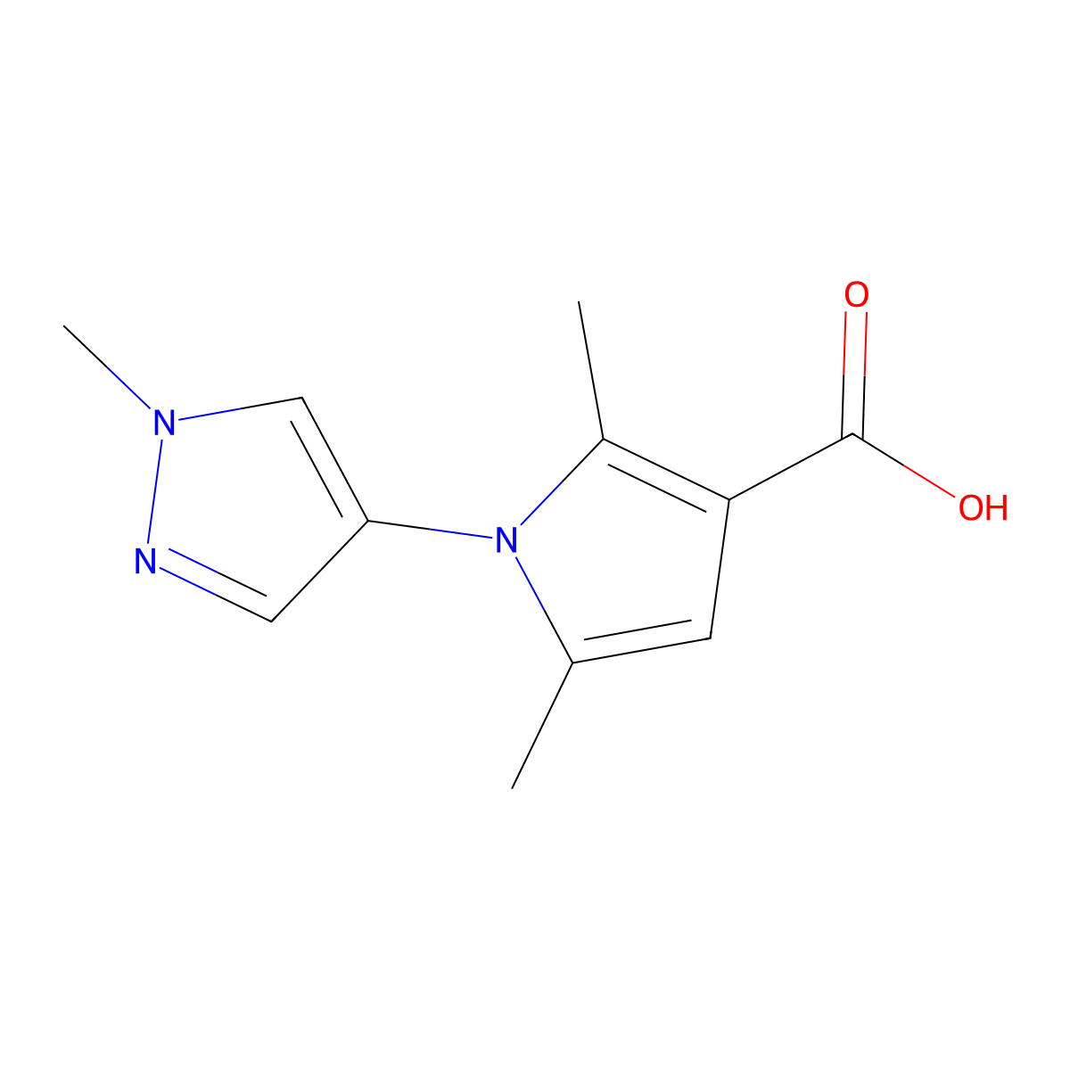 2,5-dimethyl-1-(1-methyl-1H-pyrazol-4-yl)-1H-pyrrole-3-carboxylic acid molecular structure, CAS 1153407-23-8