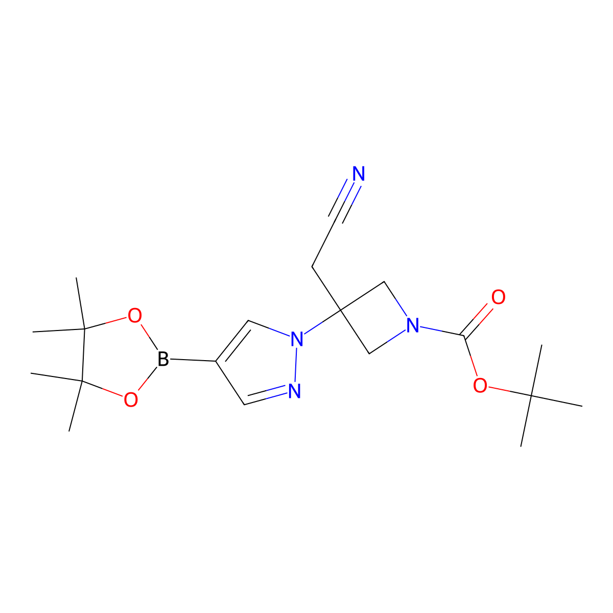 tert-butyl 3-(cyanomethyl)-3-(4-(4,4,5,5-tetramethyl-1,3,2-dioxaborolan-2-yl)-1H-pyrazol-1-yl)azetidine-1-carboxylate molecular structure, CAS 1153949-15-5
