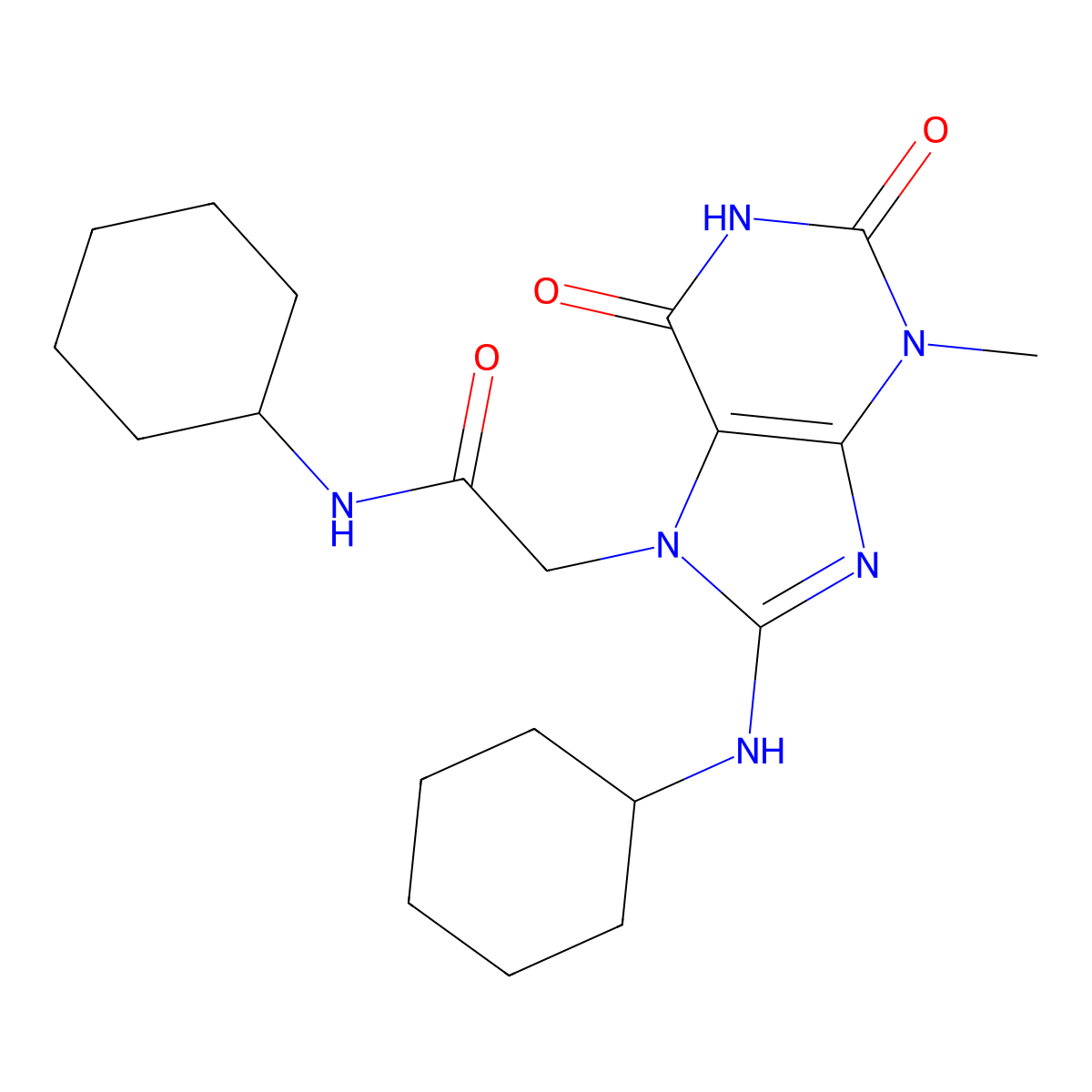 N-cyclohexyl-2-[8-(cyclohexylamino)-3-methyl-2,6-dioxopurin-7-yl]acetamide molecular structure, CAS 115398-44-2