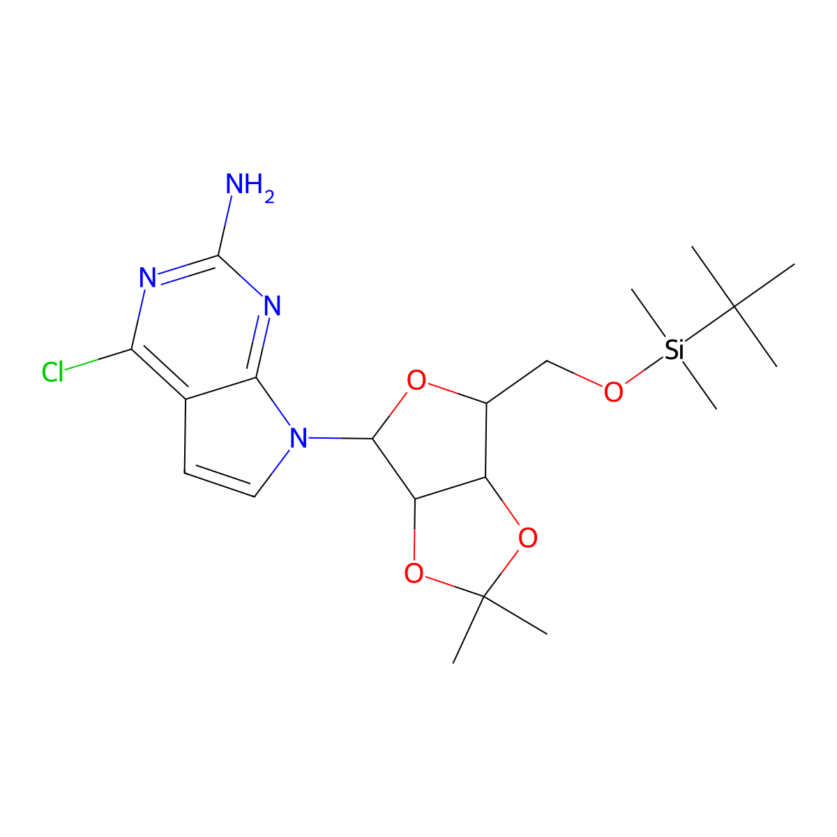 7-[6-[[Tert-butyl(dimethyl)silyl]oxymethyl]-2,2-dimethyl-3a,4,6,6a-tetrahydrofuro[3,4-d][1,3]dioxol-4-yl]-4-chloropyrrolo[2,3-d]pyrimidin-2-amine molecular structure, CAS 115479-40-8