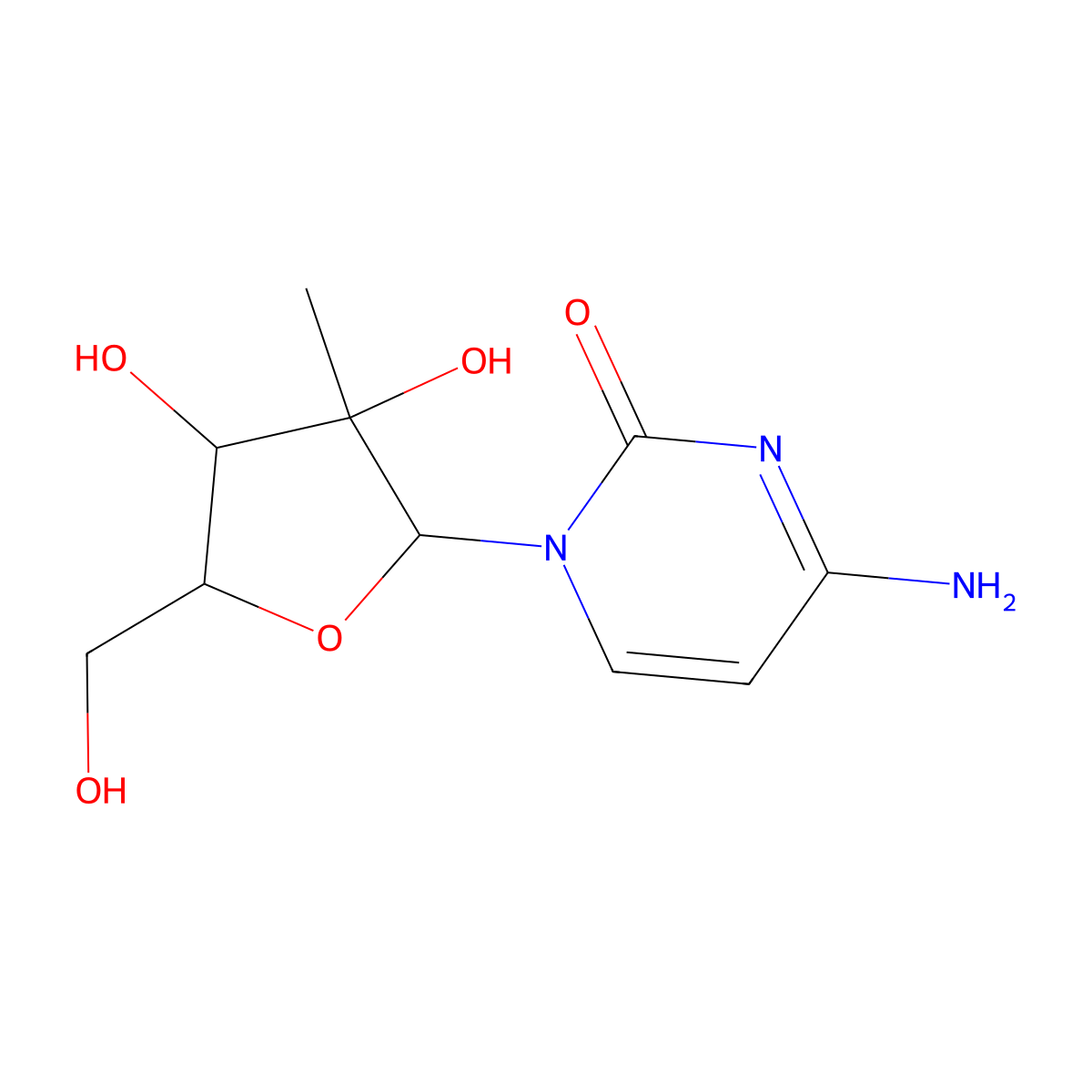 4-amino-1-((2R,3S,4R,5R)-3,4-dihydroxy-5-(hydroxymethyl)-3-methyltetrahydrofuran-2-yl)pyrimidin-2(1H)-one molecular structure, CAS 115494-60-5