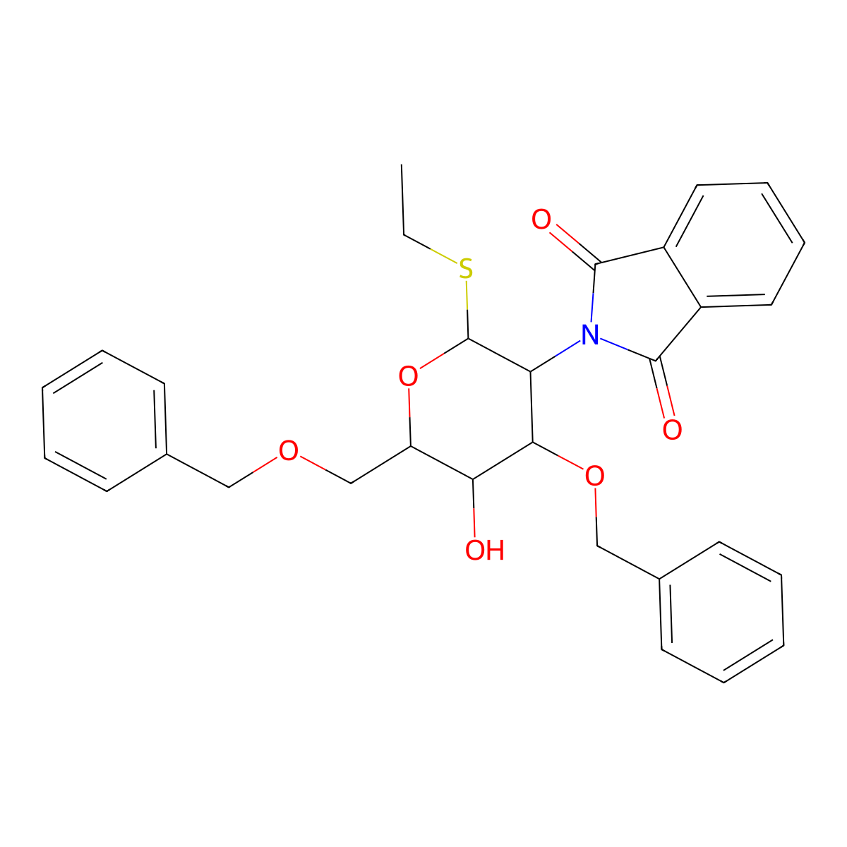 2-((2S,3R,4R,5S,6R)-4-(Benzyloxy)-6-((benzyloxy)methyl)-2-(ethylthio)-5-hydroxytetrahydro-2H-pyran-3-yl)isoindoline-1,3-dione molecular structure, CAS 115533-35-2