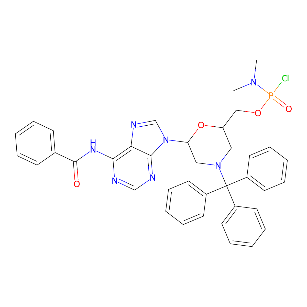 Phosphoramidochloridic acid, N,N-dimethyl-[6-[6-(benzoylamino)-9H-purin-9-yl]-4-(triphenylmethyl)-2-morpholinyl]methyl ester molecular structure, CAS 1155373-30-0