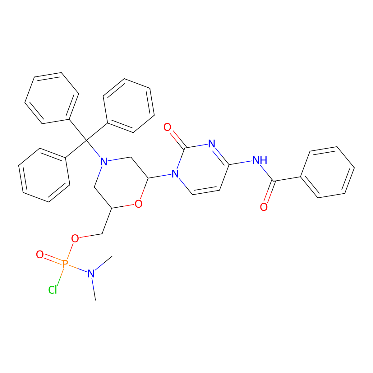 N,N-dimethyl-(6-(4-(benzoylamino)-2-oxo-1(2H)-pyrimidinyl)-4-(triphenylmethyl)-2-morpholinyl)methyl ester phosphoramidochloridic acid molecular structure, CAS 1155373-31-1