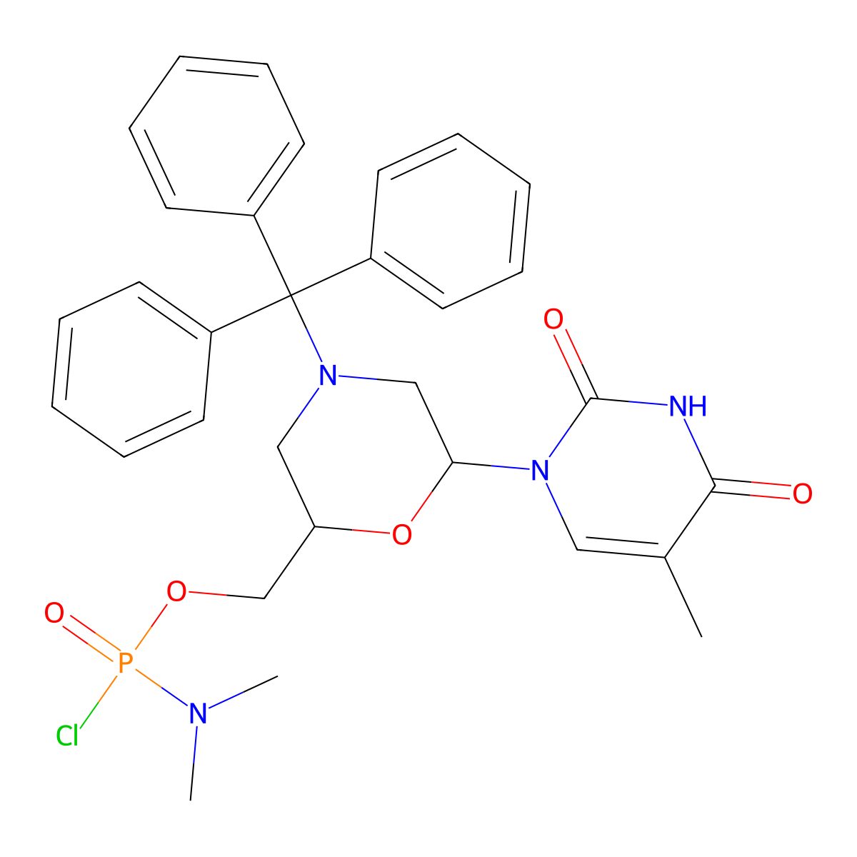 ((2S,6R)-6-(5-methyl-2,4-dioxo-3,4-dihydropyrimidin-1(2H)-yl)-4-tritylmorpholin-2-yl)methyl dimethylphosphoramidochloridate molecular structure, CAS 1155373-34-4