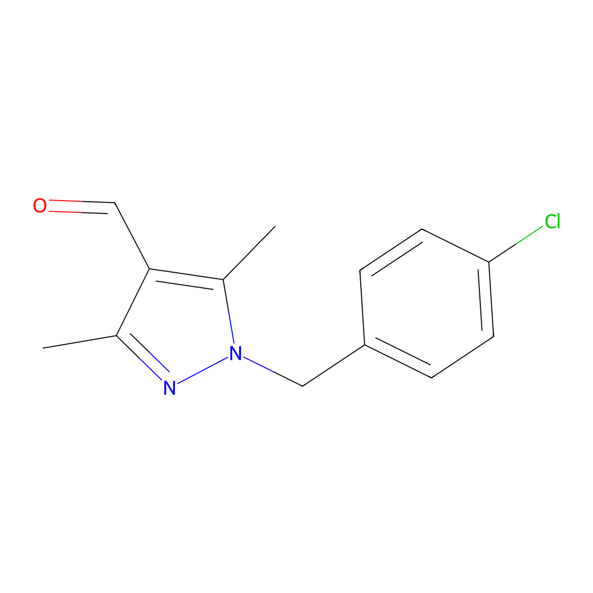 1-[(4-chlorophenyl)methyl]-3,5-dimethyl-1H-pyrazole-4-carbaldehyde molecular structure, CAS 1155589-37-9