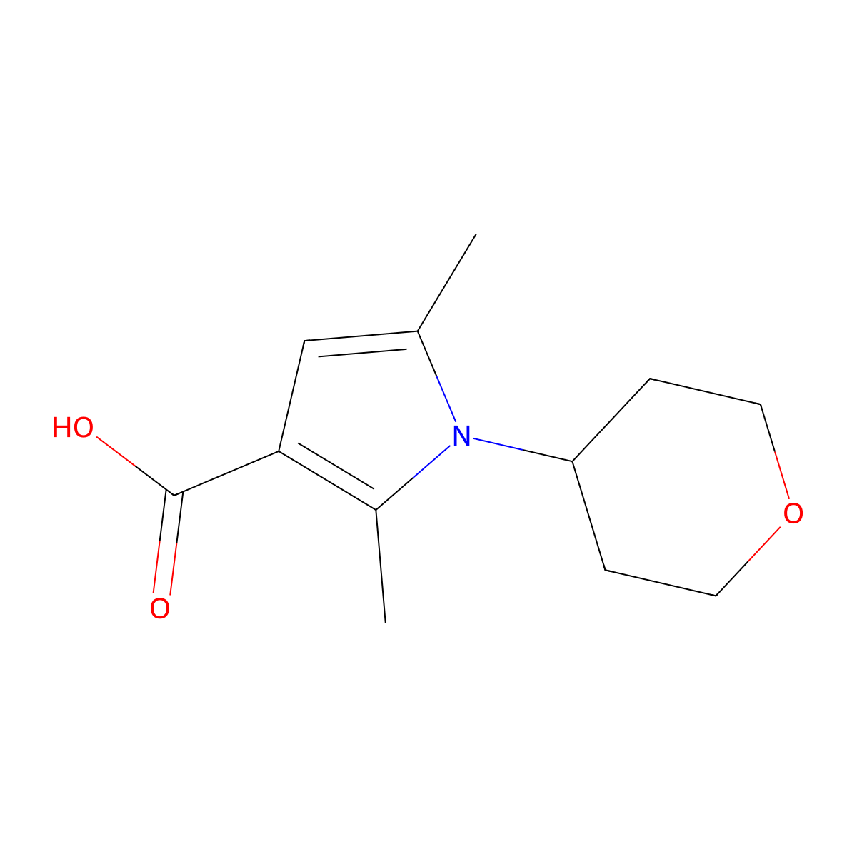 2,5-dimethyl-1-(oxan-4-yl)-1H-pyrrole-3-carboxylic acid molecular structure, CAS 1155632-23-7