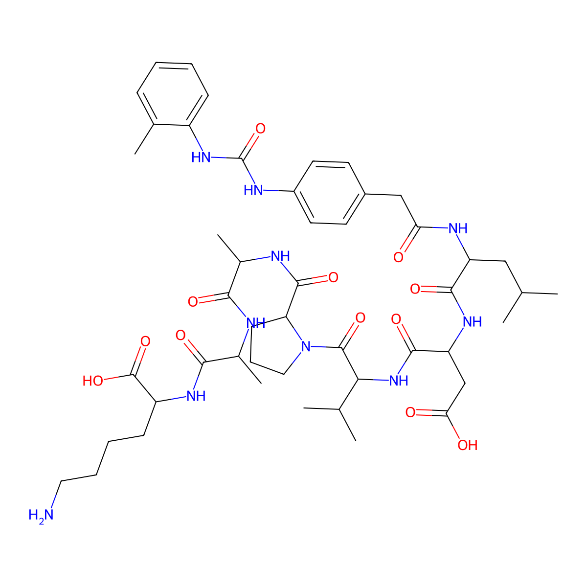 (2S)-6-amino-2-[[(2S)-2-[[(2S)-2-[[(2S)-1-[(2S)-2-[[(2S)-3-carboxy-2-[[(2S)-4-methyl-2-[[2-[4-[(2-methylphenyl)carbamoylamino]phenyl]acetyl]amino]pentanoyl]amino]propanoyl]amino]-3-methylbutanoyl]pyrrolidine-2-carbonyl]amino]propanoyl]amino]propanoyl]amino]hexanoic acid molecular structure, CAS 1155866-55-9