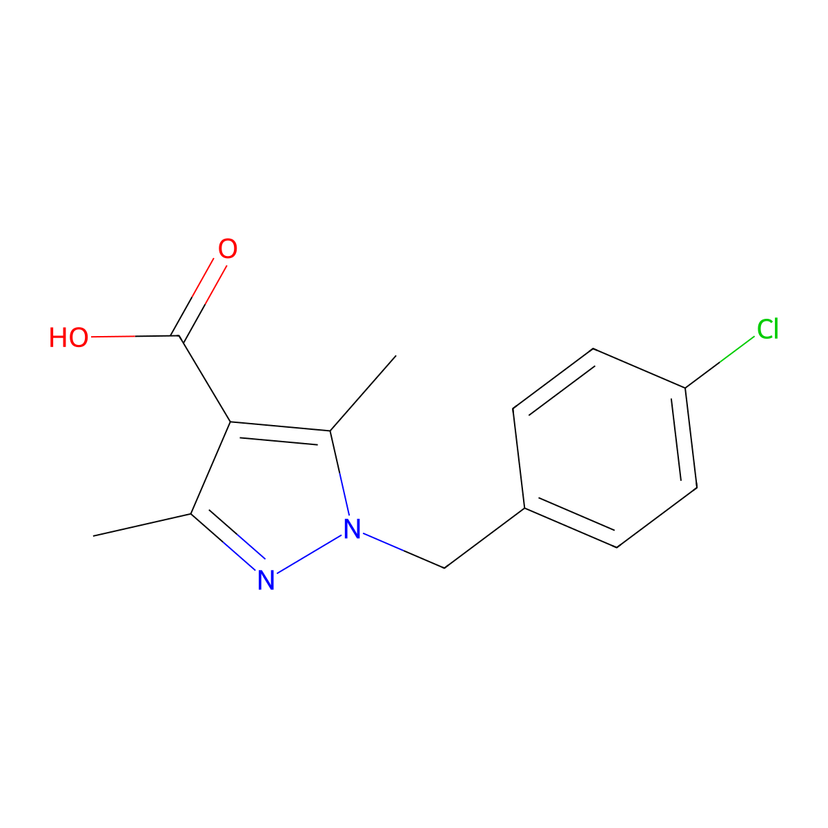1-((4-chlorophenyl)methyl)-3,5-dimethyl-1H-pyrazole-4-carboxylic acid molecular structure, CAS 1156433-10-1