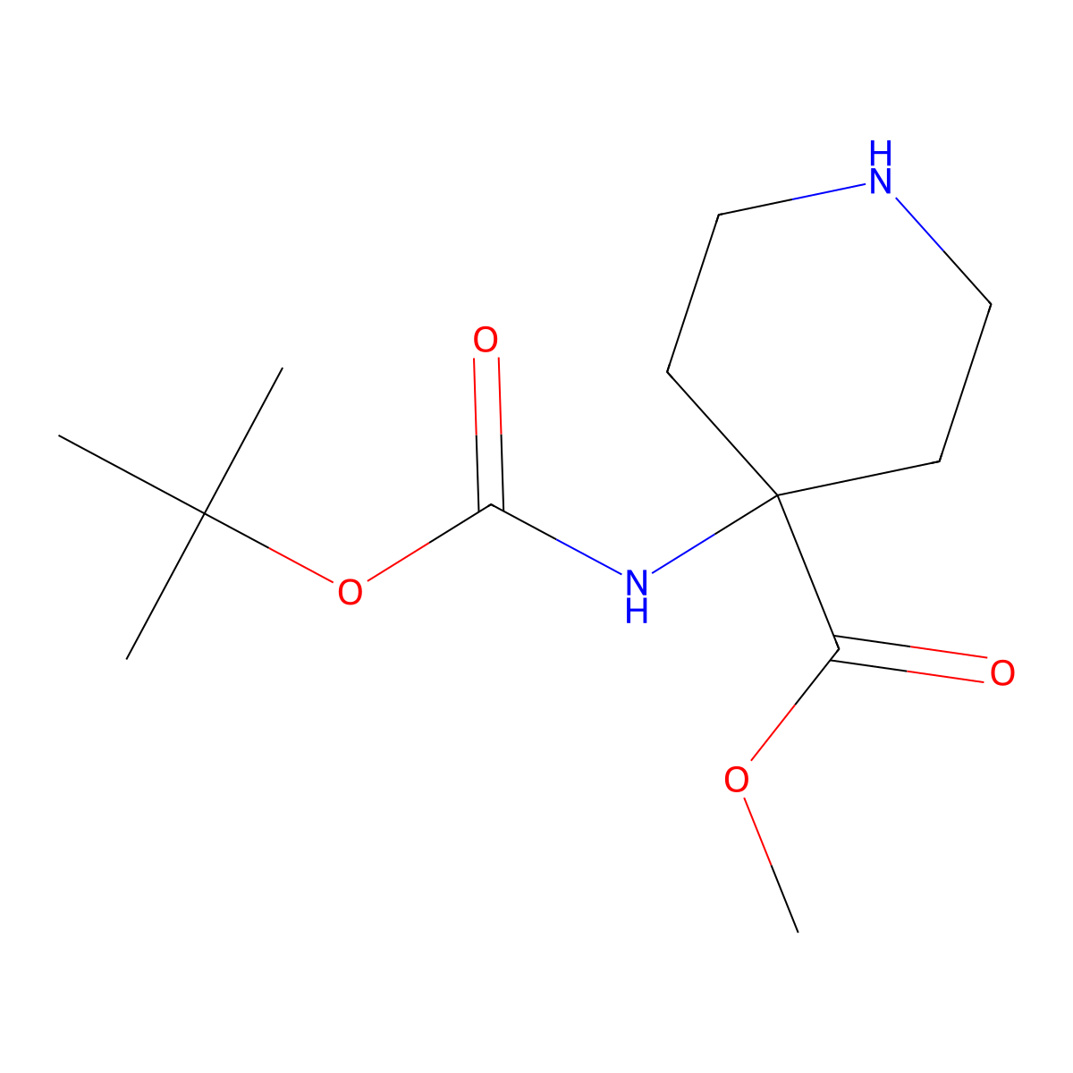 Methyl 4-(((1,1-dimethylethoxy)carbonyl)amino)-4-piperidinecarboxylate molecular structure, CAS 115655-44-2