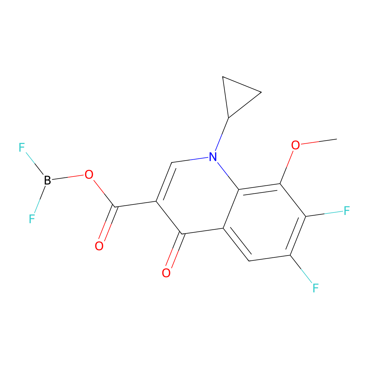 1-cyclopropyl-3-(((difluoroboryl)oxy)carbonyl)-6,7-difluoro-8-methoxyquinolin-4(1H)-one molecular structure, CAS 115685-58-0