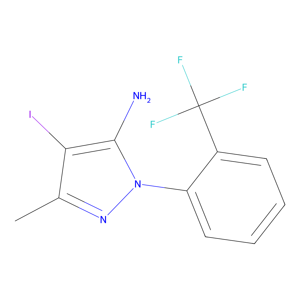 4-iodo-3-methyl-1-[2-(trifluoromethyl)phenyl]-1H-pyrazol-5-amine molecular structure, CAS 1156901-32-4