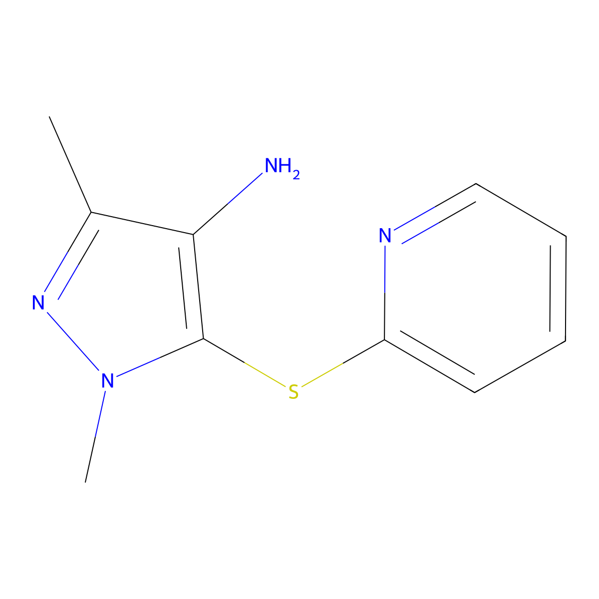 1,3-dimethyl-5-(pyridin-2-ylsulfanyl)-1H-pyrazol-4-amine molecular structure, CAS 1157093-59-8