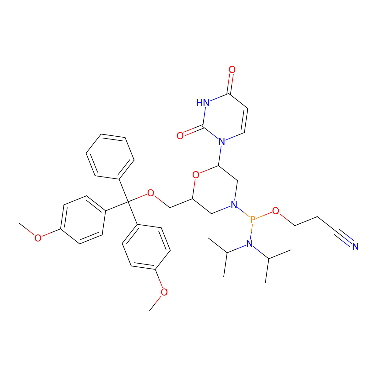 3-({[(2S,6R)-2-[(bis(4-methoxyphenyl)(phenyl)methoxy)methyl]-6-(2,4-dioxo-1,2,3,4-tetrahydropyrimidin-1-yl)morpholin-4-yl](bis(propan-2-yl)amino)phosphanyl}oxy)propanenitrile molecular structure, CAS 1157851-57-4