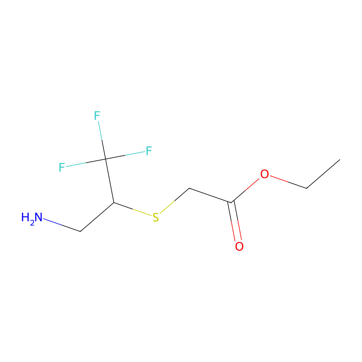 Ethyl 2-[(3-amino-1,1,1-trifluoropropan-2-yl)sulfanyl]acetate molecular structure, CAS 1158016-44-4