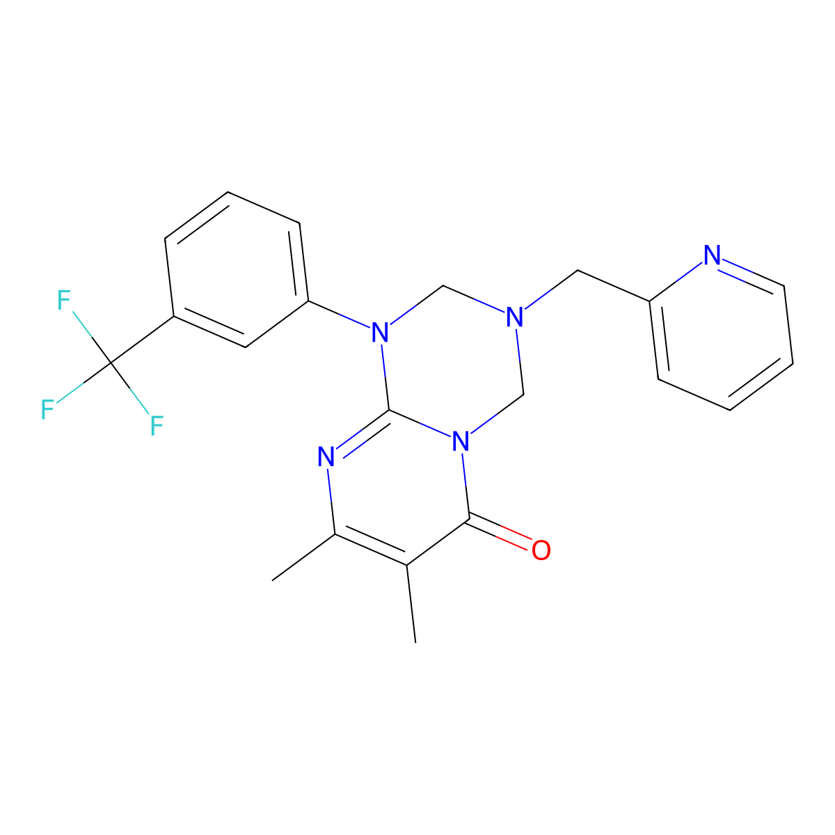 7,8-dimethyl-3-(pyridin-2-ylmethyl)-1-[3-(trifluoromethyl)phenyl]-1,2,3,4-tetrahydro-6H-pyrimido[1,2-a][1,3,5]triazin-6-one molecular structure, CAS 1158189-40-2