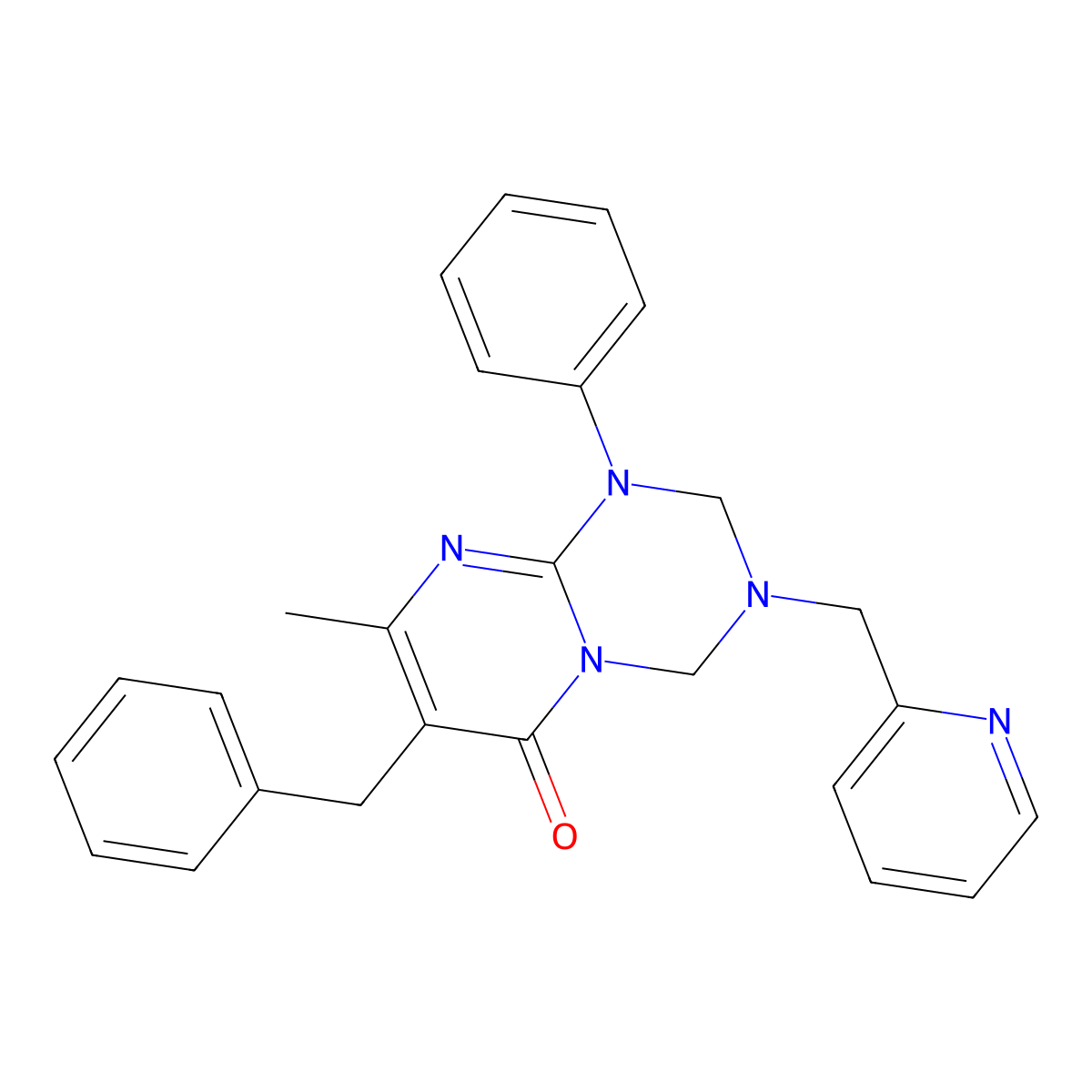 7-benzyl-8-methyl-1-phenyl-3-(pyridin-2-ylmethyl)-1,2,3,4-tetrahydro-6H-pyrimido[1,2-a][1,3,5]triazin-6-one molecular structure, CAS 1158218-15-5