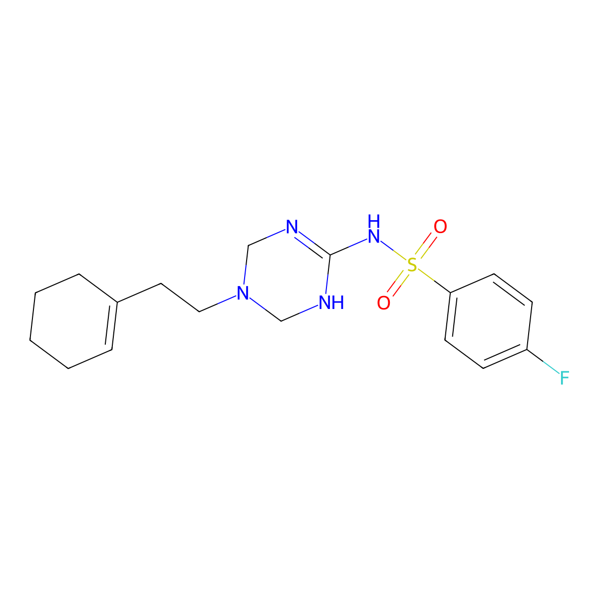 Benzenesulfonamide, N-[5-[2-(1-cyclohexen-1-yl)ethyl]-3,4,5,6-tetrahydro-1,3,5-triazin-2-yl]-4-fluoro- molecular structure, CAS 1158220-67-7