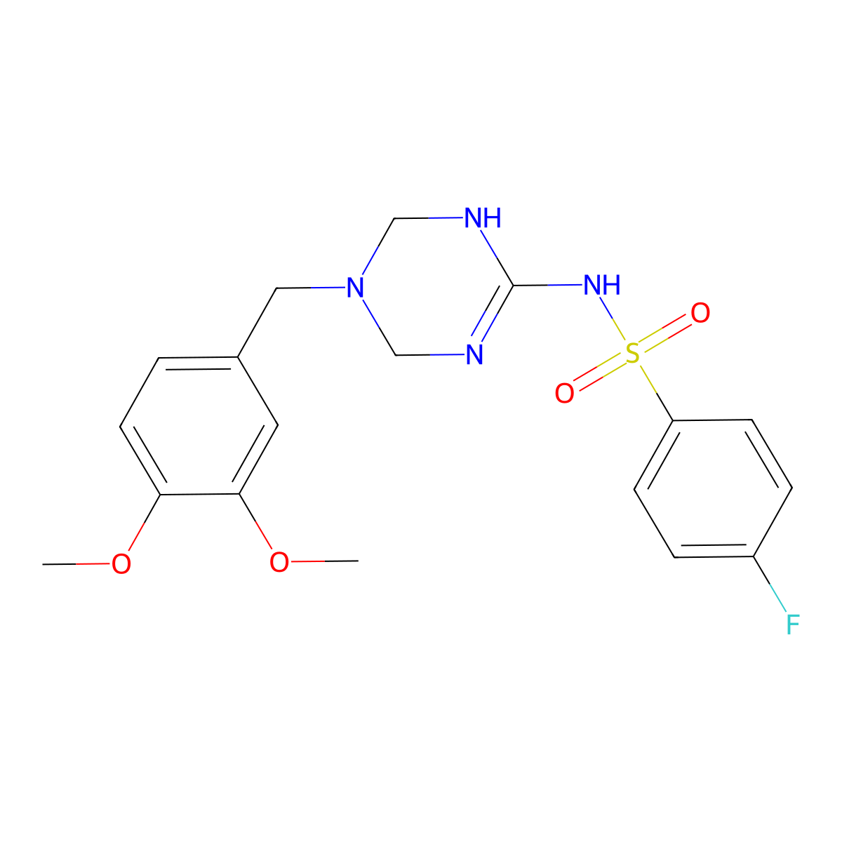 N-[5-(3,4-dimethoxybenzyl)-1,4,5,6-tetrahydro-1,3,5-triazin-2-yl]-4-fluorobenzenesulfonamide molecular structure, CAS 1158258-82-2
