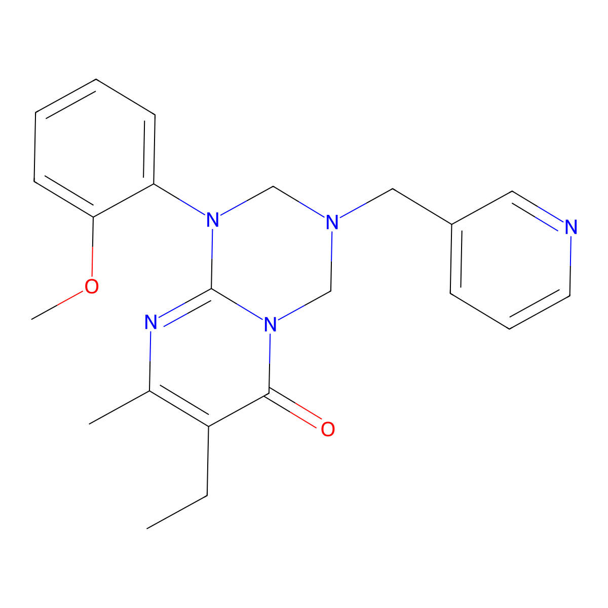 6H-Pyrimido[1,2-a]-1,3,5-triazin-6-one, 7-ethyl-1,2,3,4-tetrahydro-1-(2-methoxyphenyl)-8-methyl-3-(3-pyridinylmethyl)- molecular structure, CAS 1158279-22-1