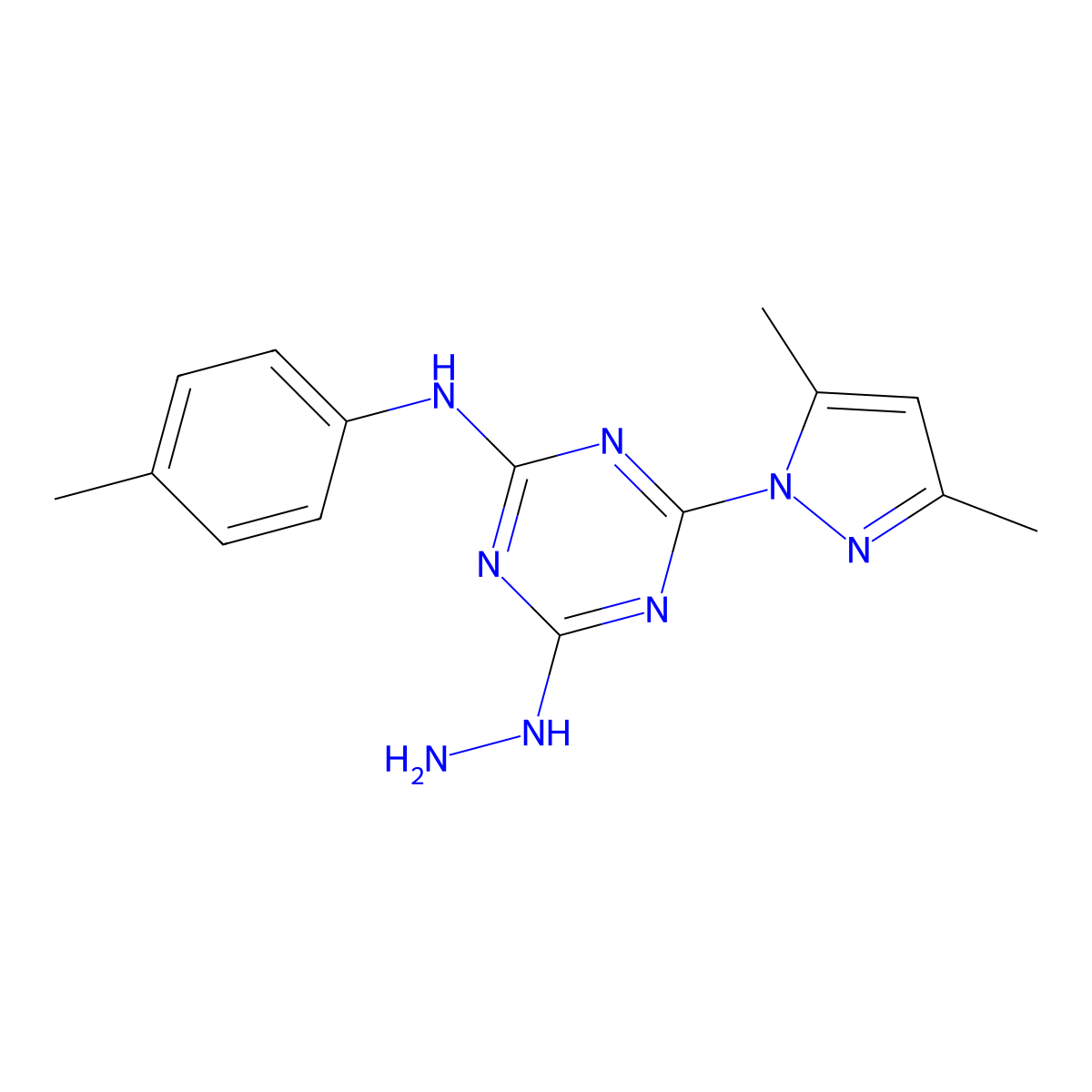 4-(3,5-dimethyl-1H-pyrazol-1-yl)-6-hydrazino-N-(4-methylphenyl)-1,3,5-triazin-2-amine molecular structure, CAS 1158287-77-4