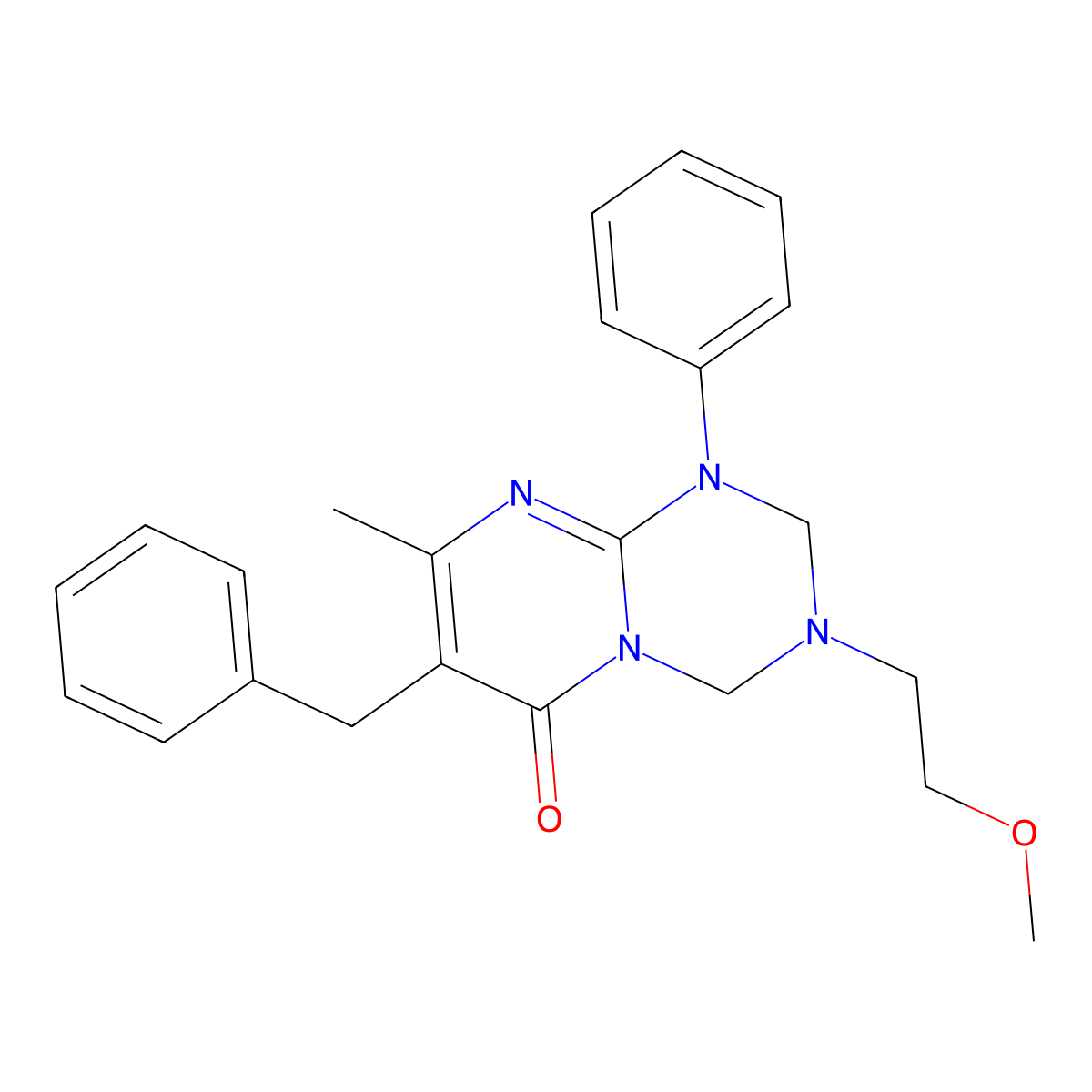 7-benzyl-3-(2-methoxyethyl)-8-methyl-1-phenyl-1,2,3,4-tetrahydro-6H-pyrimido[1,2-a][1,3,5]triazin-6-one molecular structure, CAS 1158290-87-9
