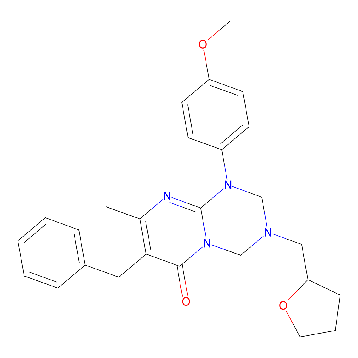 7-benzyl-1-(4-methoxyphenyl)-8-methyl-3-(tetrahydrofuran-2-ylmethyl)-1,2,3,4-tetrahydro-6H-pyrimido[1,2-a][1,3,5]triazin-6-one molecular structure, CAS 1158291-16-7