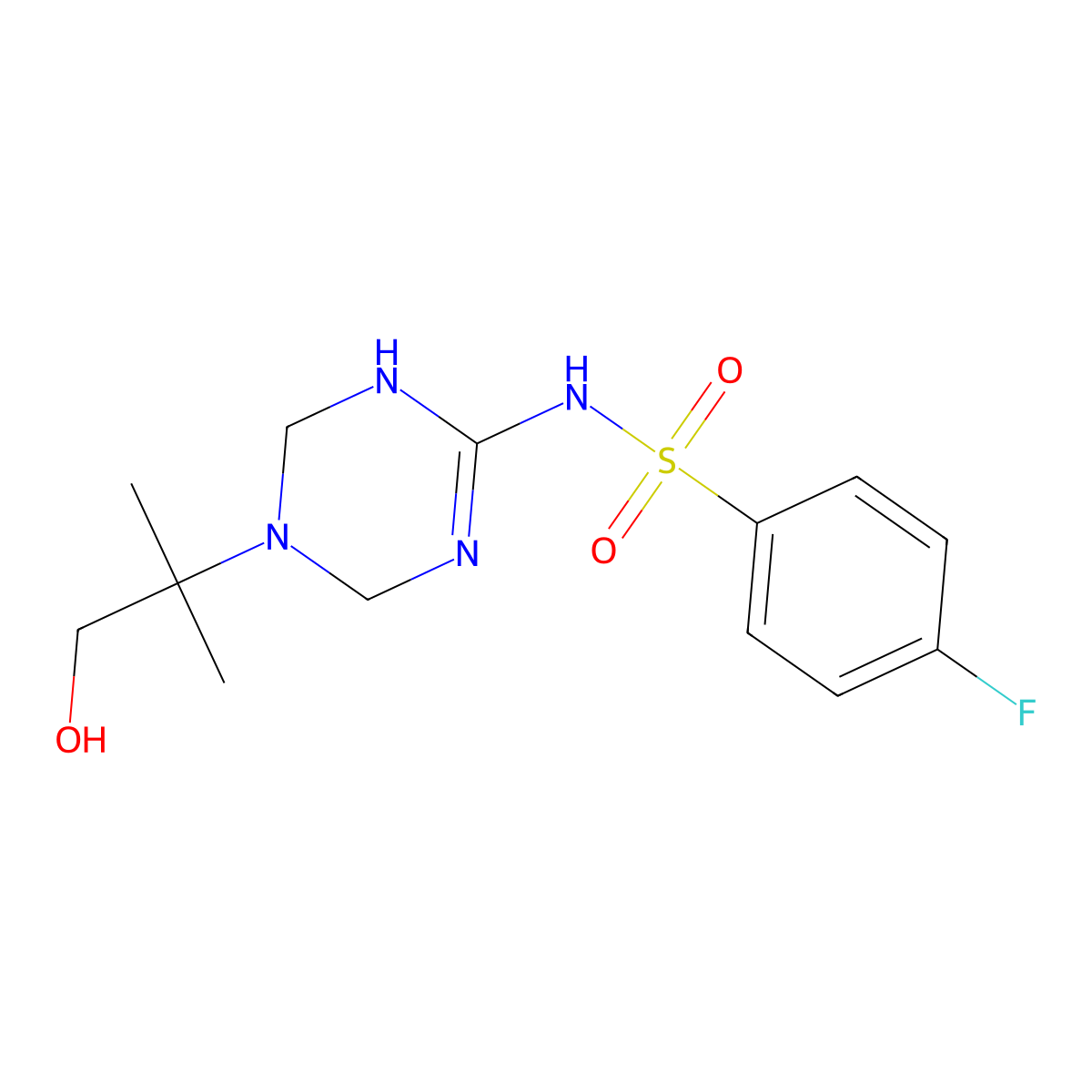 4-fluoro-N-[5-(1-hydroxy-2-methylpropan-2-yl)-1,4,5,6-tetrahydro-1,3,5-triazin-2-yl]benzenesulfonamide molecular structure, CAS 1158292-70-6