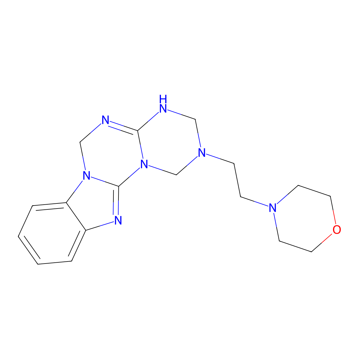 2-[2-(morpholin-4-yl)ethyl]-2,3,4,6-tetrahydro-1H-[1,3,5]triazino[1',2':3,4][1,3,5]triazino[1,2-a]benzimidazole molecular structure, CAS 1158302-19-2