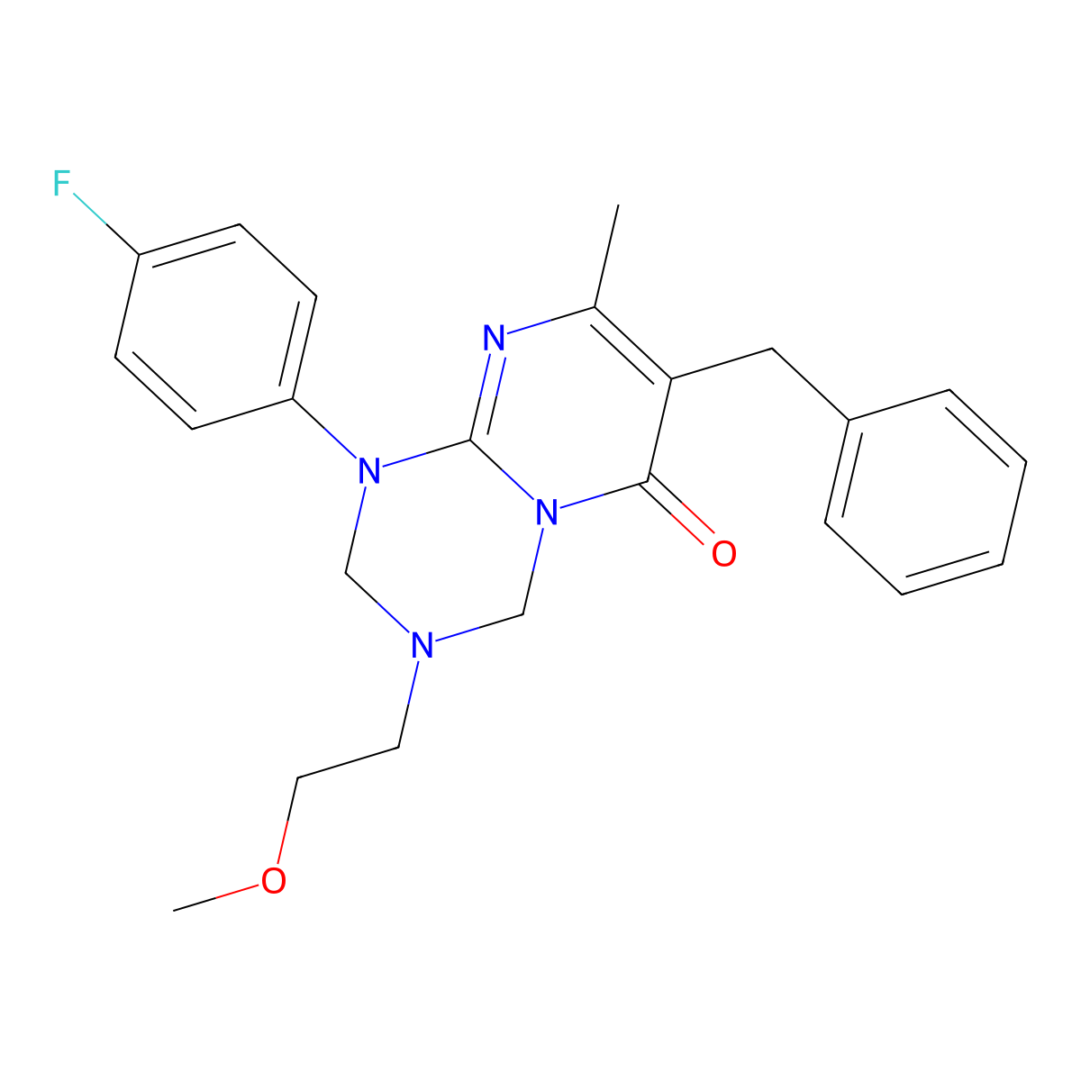 7-benzyl-1-(4-fluorophenyl)-3-(2-methoxyethyl)-8-methyl-1,2,3,4-tetrahydro-6H-pyrimido[1,2-a][1,3,5]triazin-6-one molecular structure, CAS 1158312-03-8