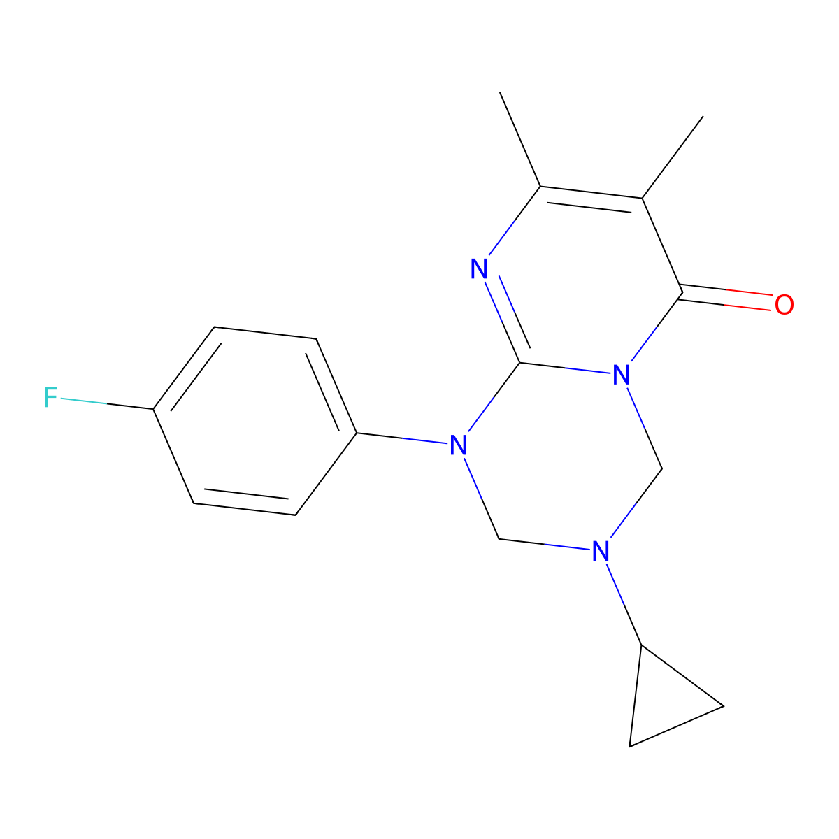 3-cyclopropyl-1-(4-fluorophenyl)-7,8-dimethyl-1,2,3,4-tetrahydro-6H-pyrimido[1,2-a][1,3,5]triazin-6-one molecular structure, CAS 1158315-19-5