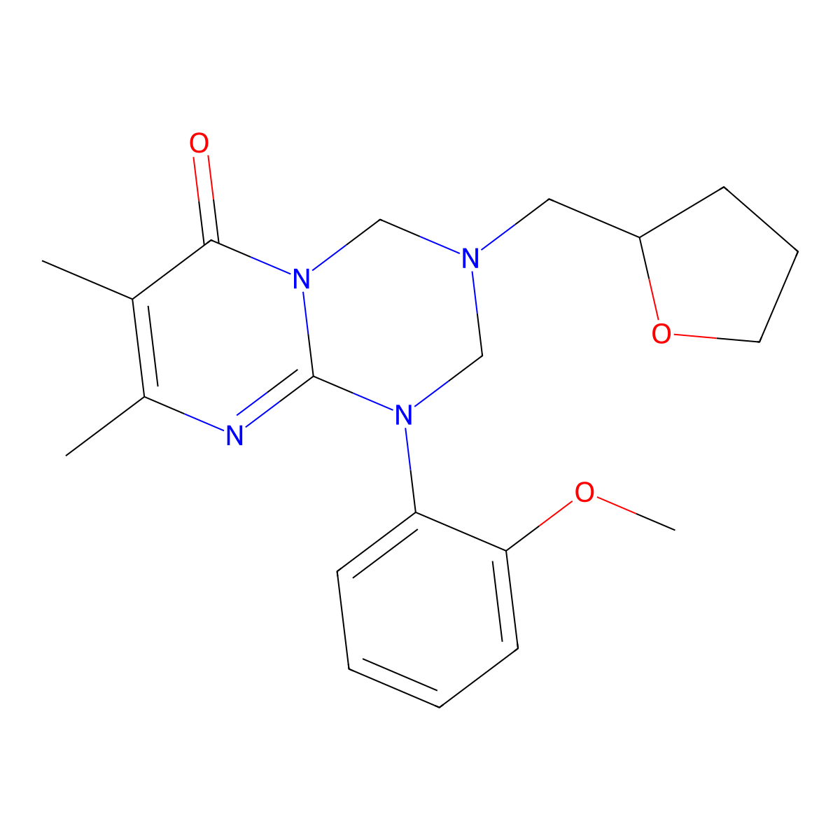 1-(2-methoxyphenyl)-7,8-dimethyl-3-(tetrahydrofuran-2-ylmethyl)-1,2,3,4-tetrahydro-6H-pyrimido[1,2-a][1,3,5]triazin-6-one molecular structure, CAS 1158323-14-8