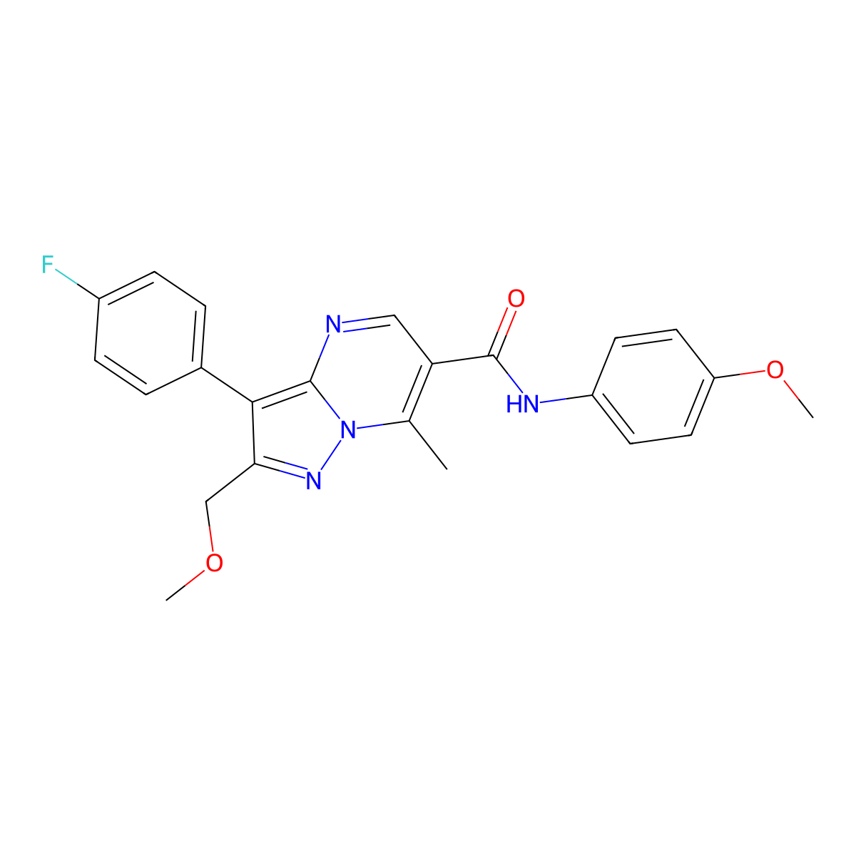 3-(4-fluorophenyl)-2-(methoxymethyl)-N-(4-methoxyphenyl)-7-methylpyrazolo[1,5-a]pyrimidine-6-carboxamide molecular structure, CAS 1158334-07-6