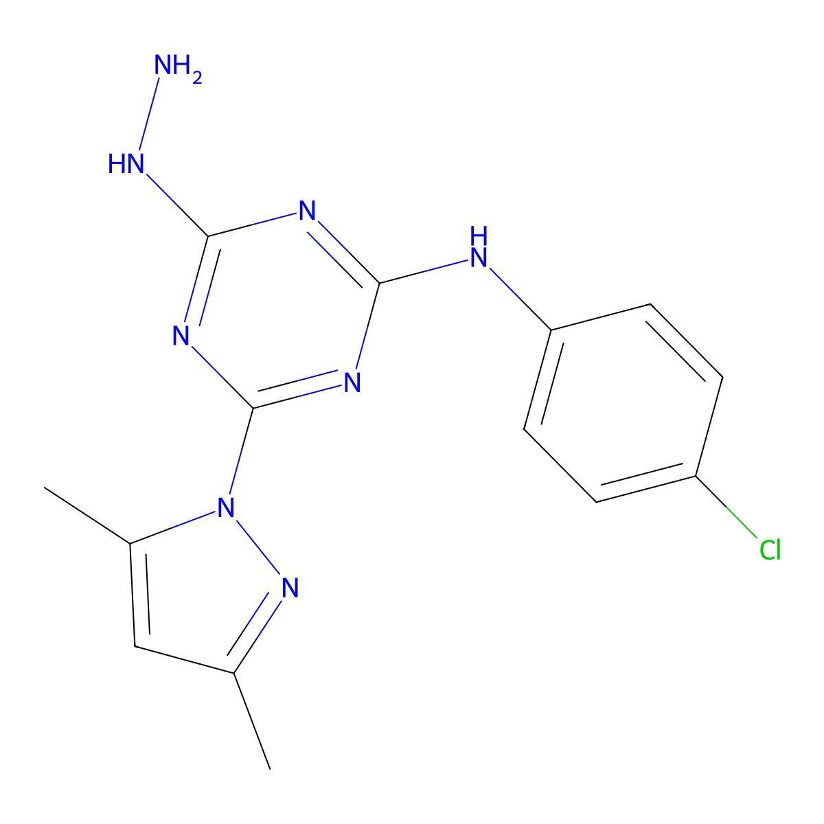 N-(4-chlorophenyl)-4-(3,5-dimethyl-1H-pyrazol-1-yl)-6-hydrazino-1,3,5-triazin-2-amine molecular structure, CAS 1158377-11-7