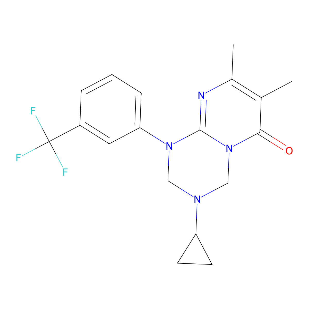 3-cyclopropyl-7,8-dimethyl-1-[3-(trifluoromethyl)phenyl]-1,2,3,4-tetrahydro-6H-pyrimido[1,2-a][1,3,5]triazin-6-one molecular structure, CAS 1158385-35-3