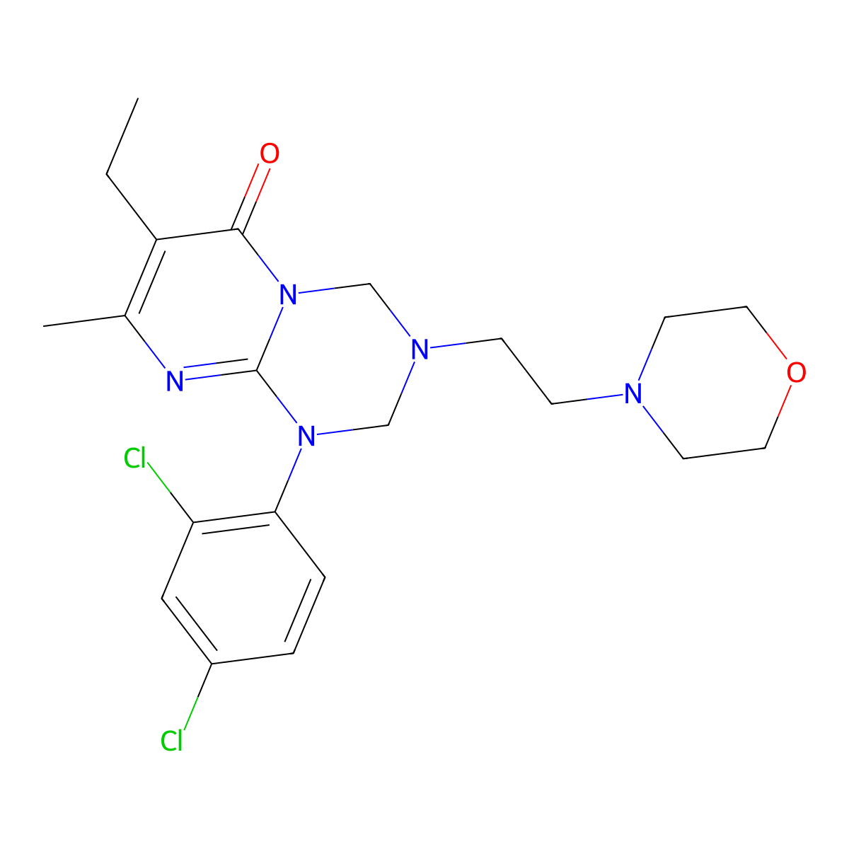 1-(2,4-dichlorophenyl)-7-ethyl-8-methyl-3-(2-morpholinoethyl)-1,2,3,4-tetrahydro-6H-pyrimido[1,2-a][1,3,5]triazin-6-one molecular structure, CAS 1158402-08-4