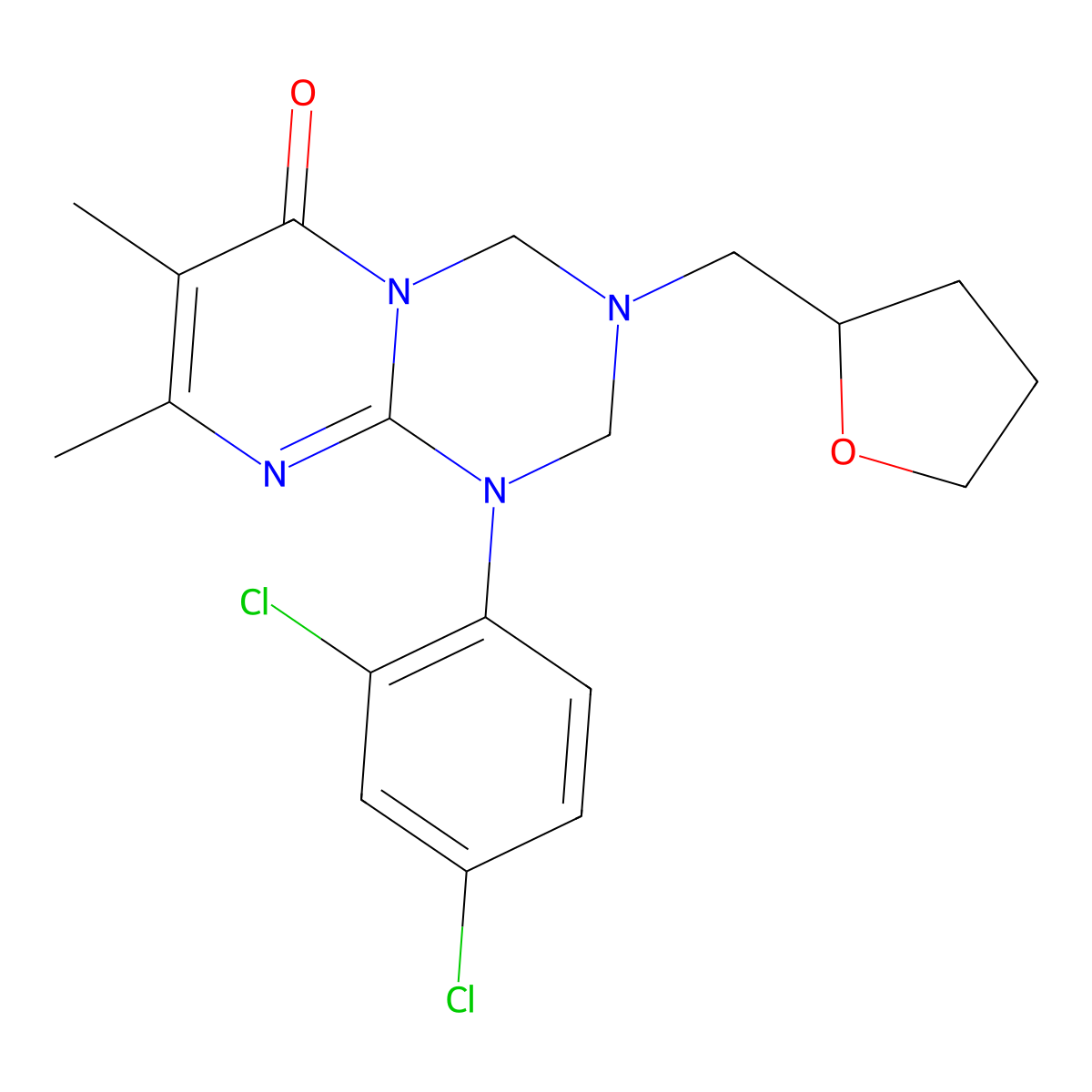 1-(2,4-dichlorophenyl)-7,8-dimethyl-3-(tetrahydrofuran-2-ylmethyl)-1,2,3,4-tetrahydro-6H-pyrimido[1,2-a][1,3,5]triazin-6-one molecular structure, CAS 1158405-10-7