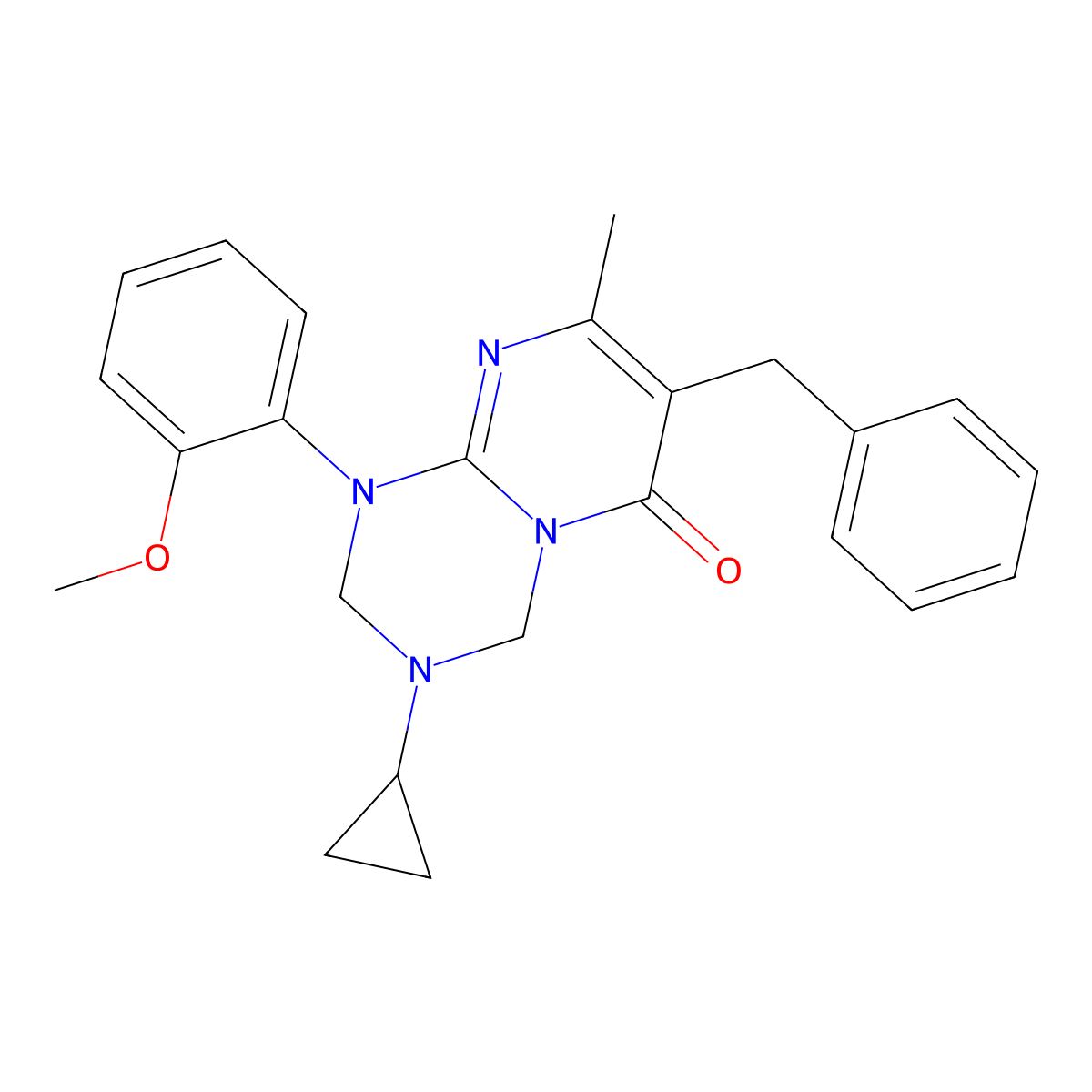 7-benzyl-3-cyclopropyl-1-(2-methoxyphenyl)-8-methyl-1,2,3,4-tetrahydro-6H-pyrimido[1,2-a][1,3,5]triazin-6-one molecular structure, CAS 1158416-09-1