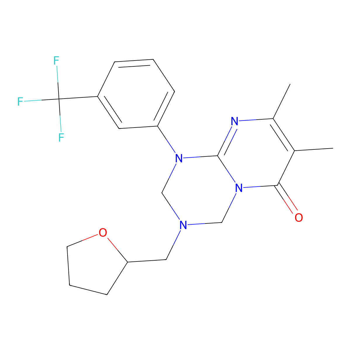 7,8-dimethyl-3-(tetrahydrofuran-2-ylmethyl)-1-[3-(trifluoromethyl)phenyl]-1,2,3,4-tetrahydro-6H-pyrimido[1,2-a][1,3,5]triazin-6-one molecular structure, CAS 1158426-41-5