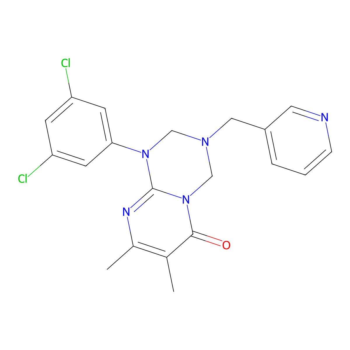 1-(3,5-dichlorophenyl)-7,8-dimethyl-3-(pyridin-3-ylmethyl)-1,2,3,4-tetrahydro-6H-pyrimido[1,2-a][1,3,5]triazin-6-one molecular structure, CAS 1158437-76-3