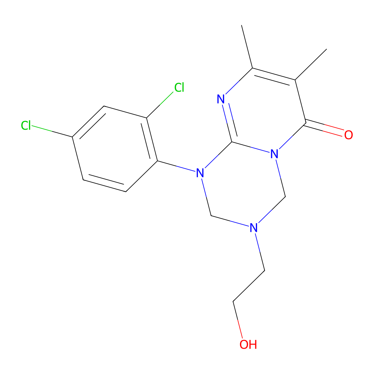 1-(2,4-dichlorophenyl)-3-(2-hydroxyethyl)-7,8-dimethyl-1,2,3,4-tetrahydro-6H-pyrimido[1,2-a][1,3,5]triazin-6-one molecular structure, CAS 1158438-21-1