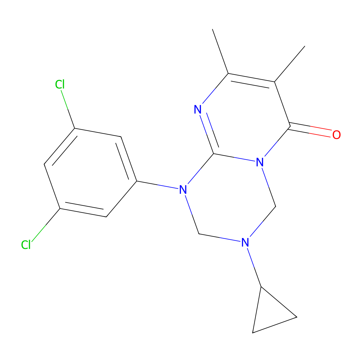 3-cyclopropyl-1-(3,5-dichlorophenyl)-7,8-dimethyl-1,2,3,4-tetrahydro-6H-pyrimido[1,2-a][1,3,5]triazin-6-one molecular structure, CAS 1158440-25-5