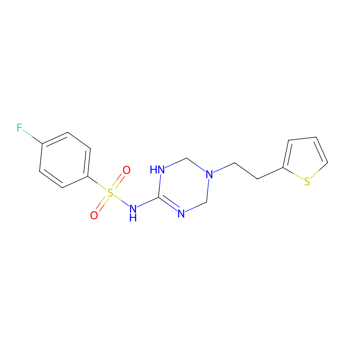 4-fluoro-N-{5-[2-(thiophen-2-yl)ethyl]-1,4,5,6-tetrahydro-1,3,5-triazin-2-yl}benzenesulfonamide molecular structure, CAS 1158445-21-6