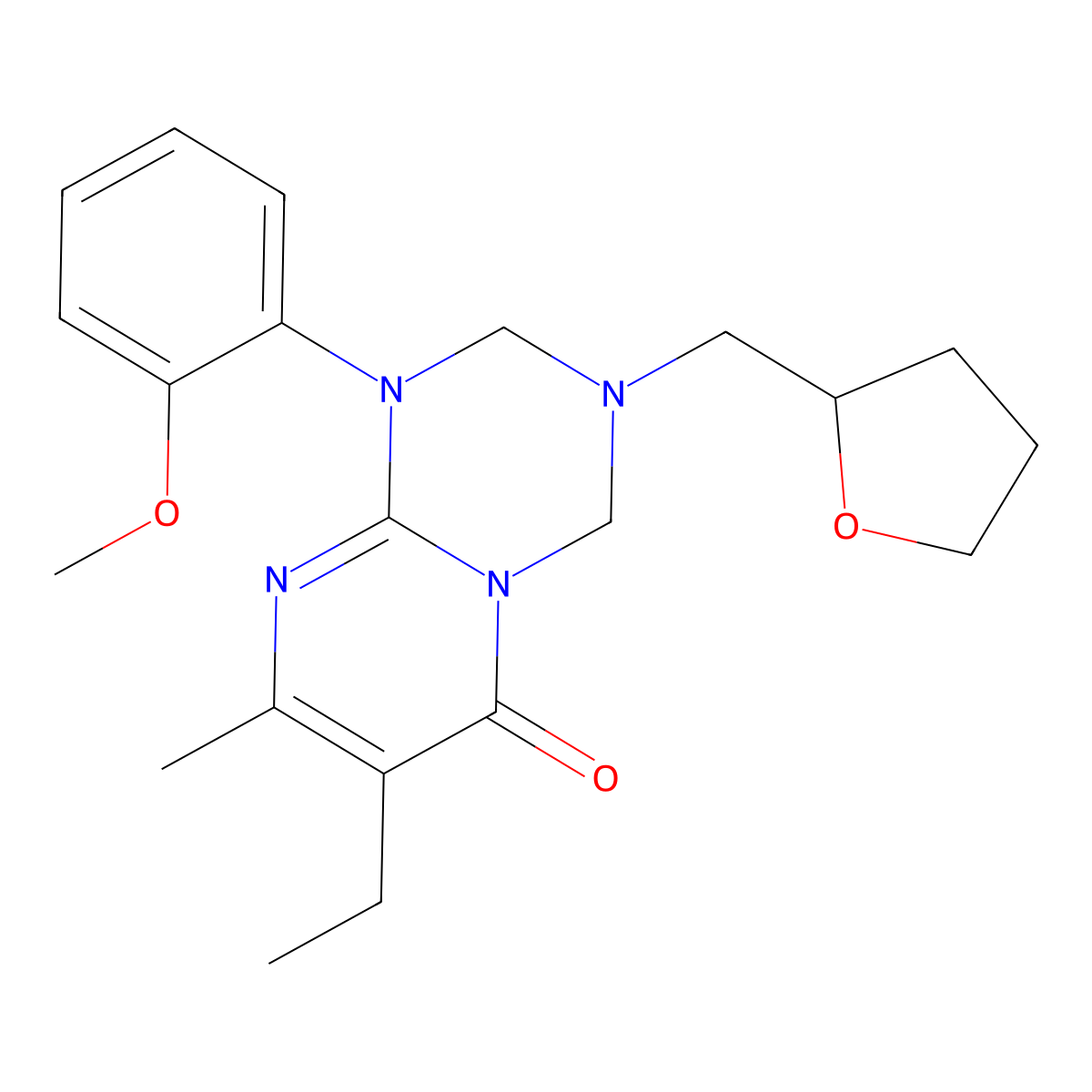 7-ethyl-1-(2-methoxyphenyl)-8-methyl-3-(tetrahydrofuran-2-ylmethyl)-1,2,3,4-tetrahydro-6H-pyrimido[1,2-a][1,3,5]triazin-6-one molecular structure, CAS 1158449-58-1