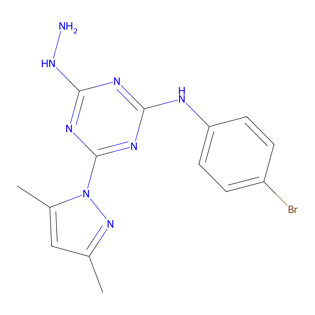 N-(4-bromophenyl)-4-(3,5-dimethyl-1H-pyrazol-1-yl)-6-hydrazino-1,3,5-triazin-2-amine molecular structure, CAS 1158450-00-0