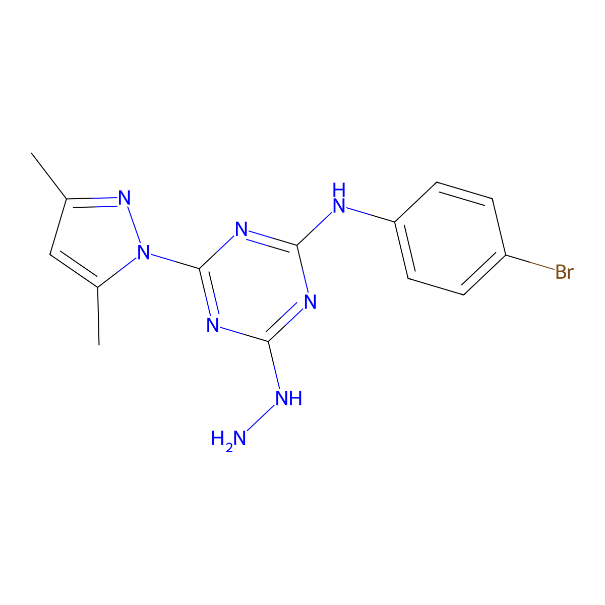 N-(4-bromophenyl)-4-(3,5-dimethyl-1H-pyrazol-1-yl)-6-hydrazino-1,3,5-triazin-2-amine molecular structure, CAS 1158450-00-0