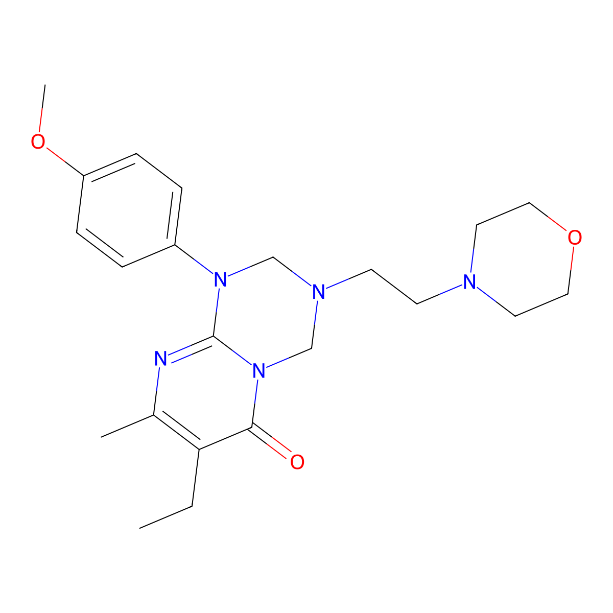 7-ethyl-1-(4-methoxyphenyl)-8-methyl-3-(2-morpholinoethyl)-1,2,3,4-tetrahydro-6H-pyrimido[1,2-a][1,3,5]triazin-6-one molecular structure, CAS 1158472-50-4